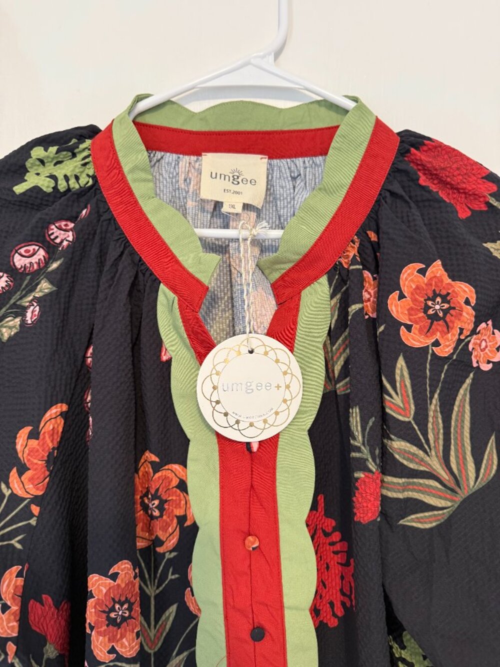Umgee Black Floral Blouse with Red and Green Trim - Picture 2 of 2